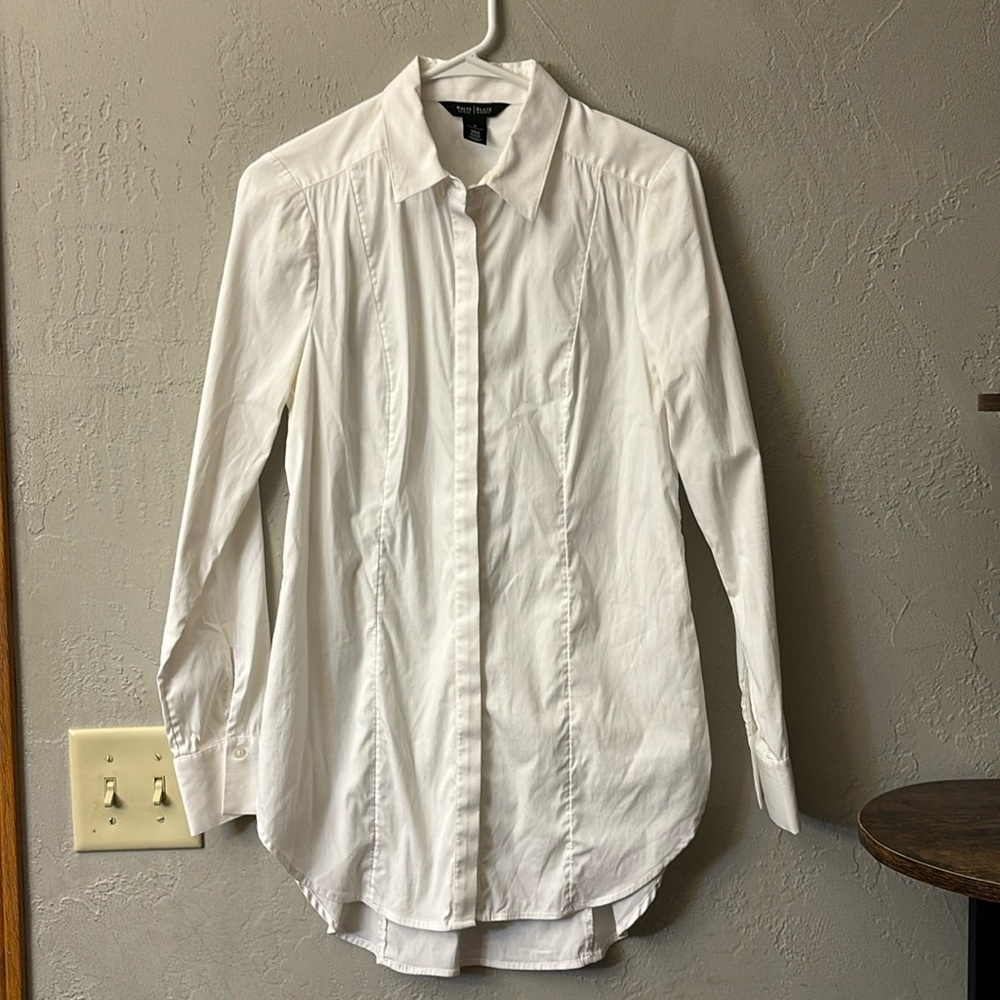 White House Black Market bright-white button down women’s shirt. Size 8